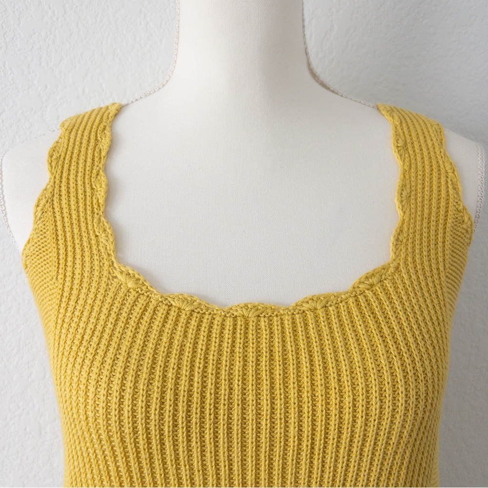 Moth Anthropologie Mustard‎ Yellow Ribbed Scalloped Square Neck Knit Tank Large - Picture 5 of 10
